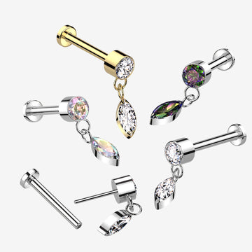Detail View 1 of Implant Grade Titanium OneFit Threadless Sparkle Marquise Dangle Top Flat Back Labret-Aurora Borealis